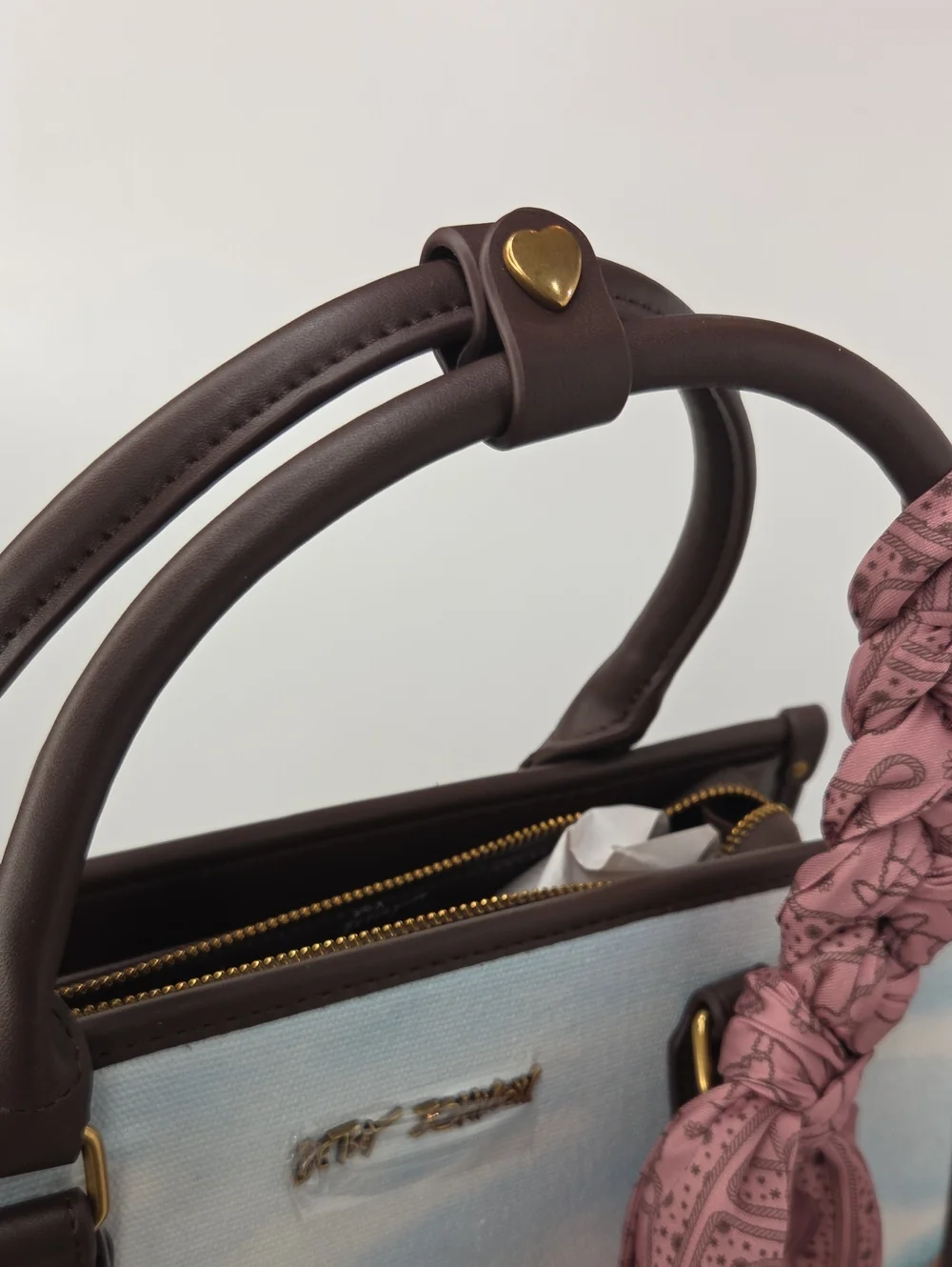 🤎▪️Betsey Johnson ▪️Brown Longhorn Leather-Trim Canvas Tote with Brown Scarf